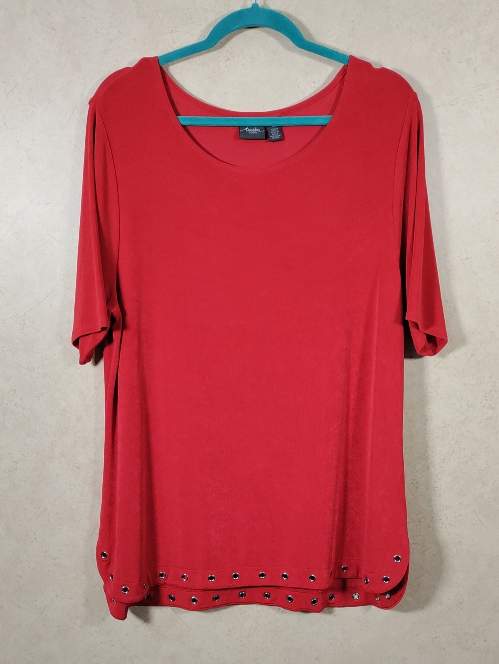 J097 Chico's Travelers Red Knit Top w/ Studded Hem 3 XL